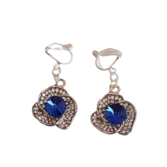 Blue Flower Diamante Clip On Earrings