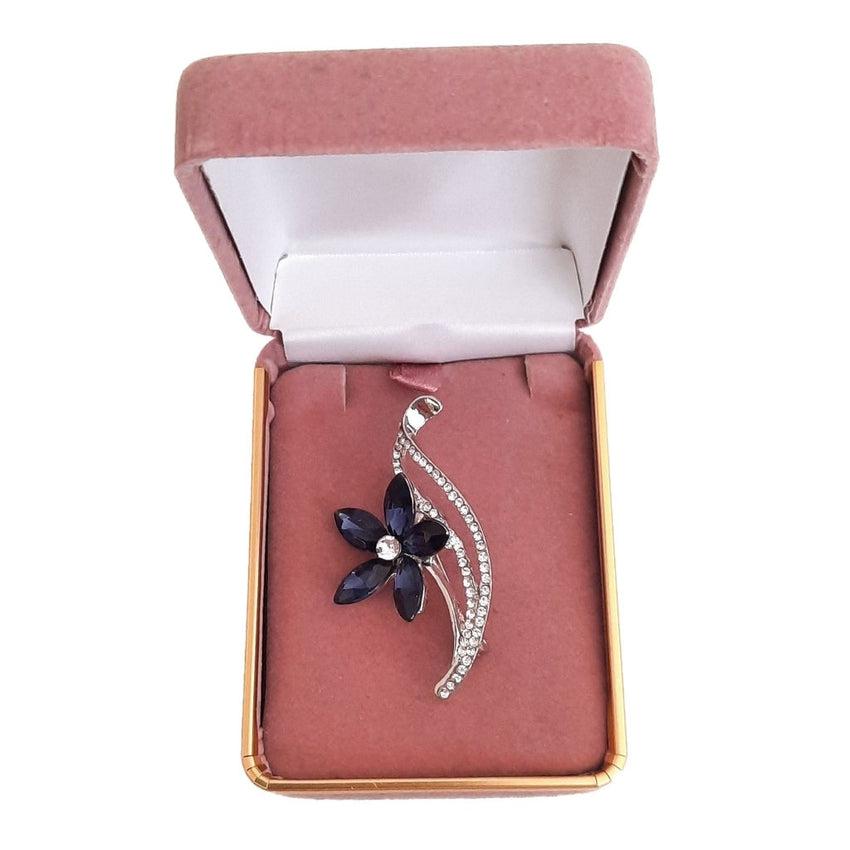 Blue Flower With Crystal Stem Brooch