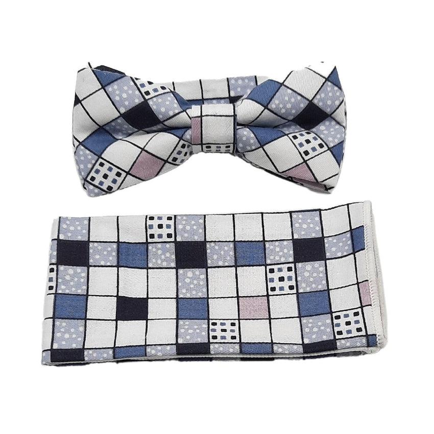 Blue Geometric Boys Dicky Bow And Hanky Set
