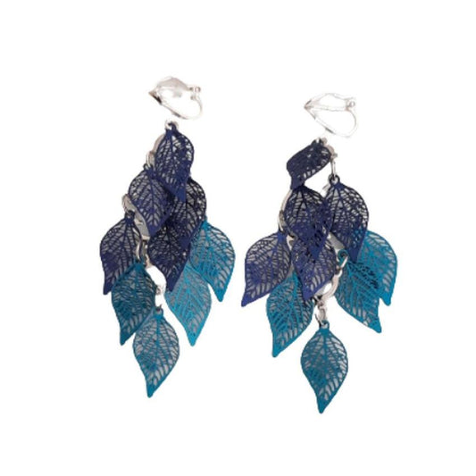 Blue Leaf Drop Clip On Earrings