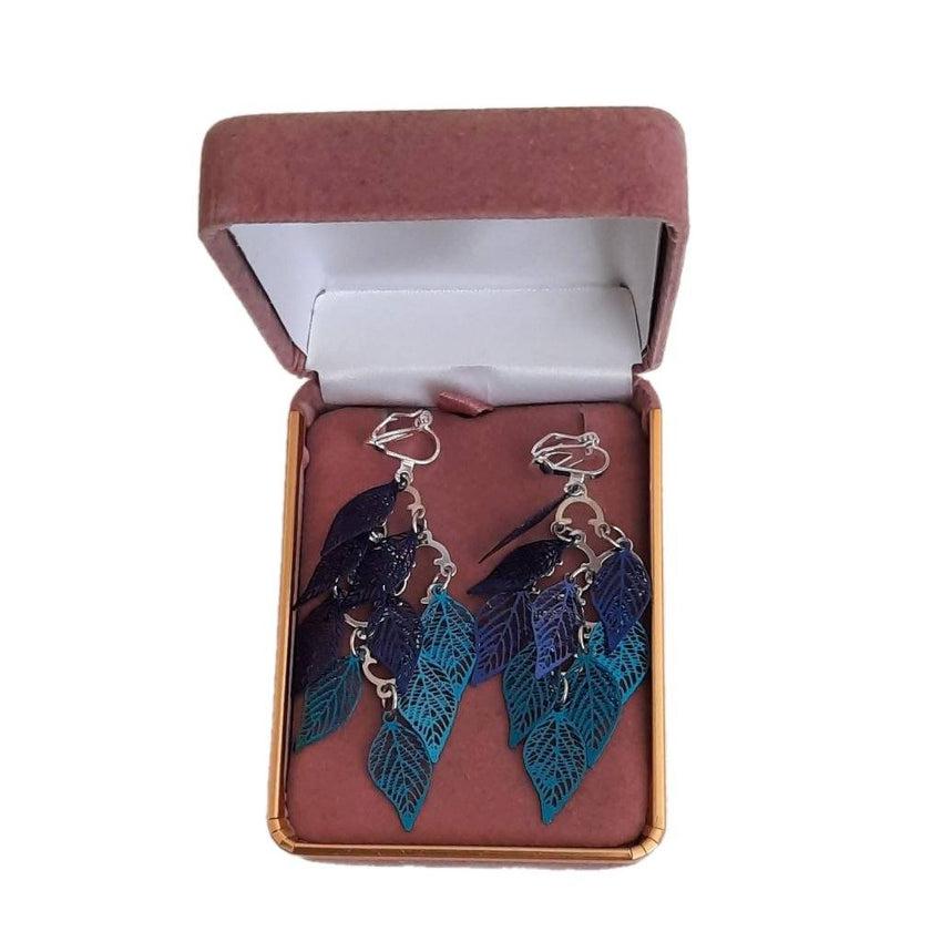 Blue Leaf Drop Clip On Earrings