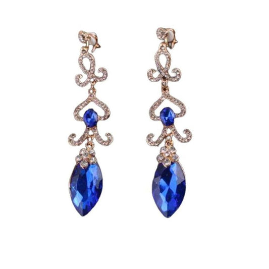 Blue Long Chandelier Diamante Clip On Earrings