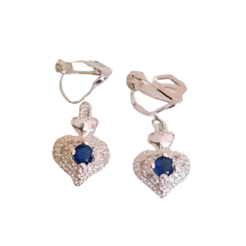 Blue Sapphire Diamante Heart Clip On Earrings