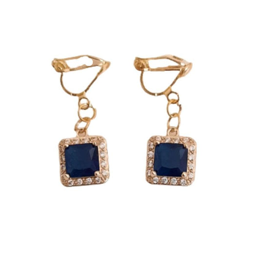 Blue Square Diamante Clip On Earrings