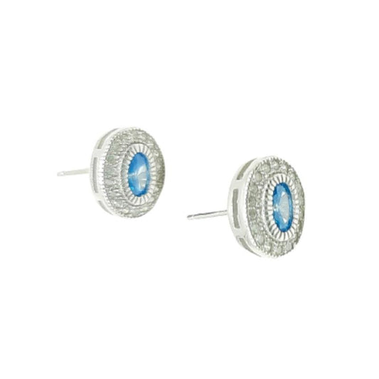 Blue Topaz Cubic Zirconia Edged Small Oval Stud Earrings