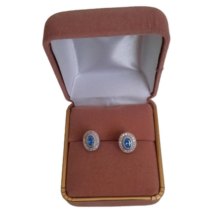 Blue Topaz Cubic Zirconia Edged Small Oval Stud Earrings