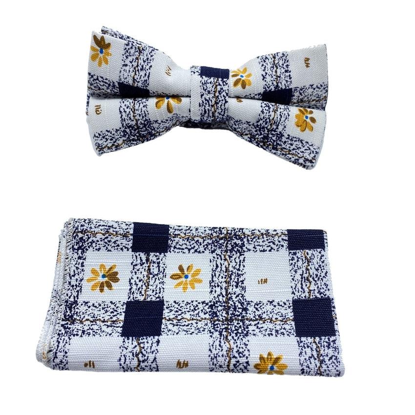 Blue White And Yellow Flower Patterned Adjustable Bow Tie Set