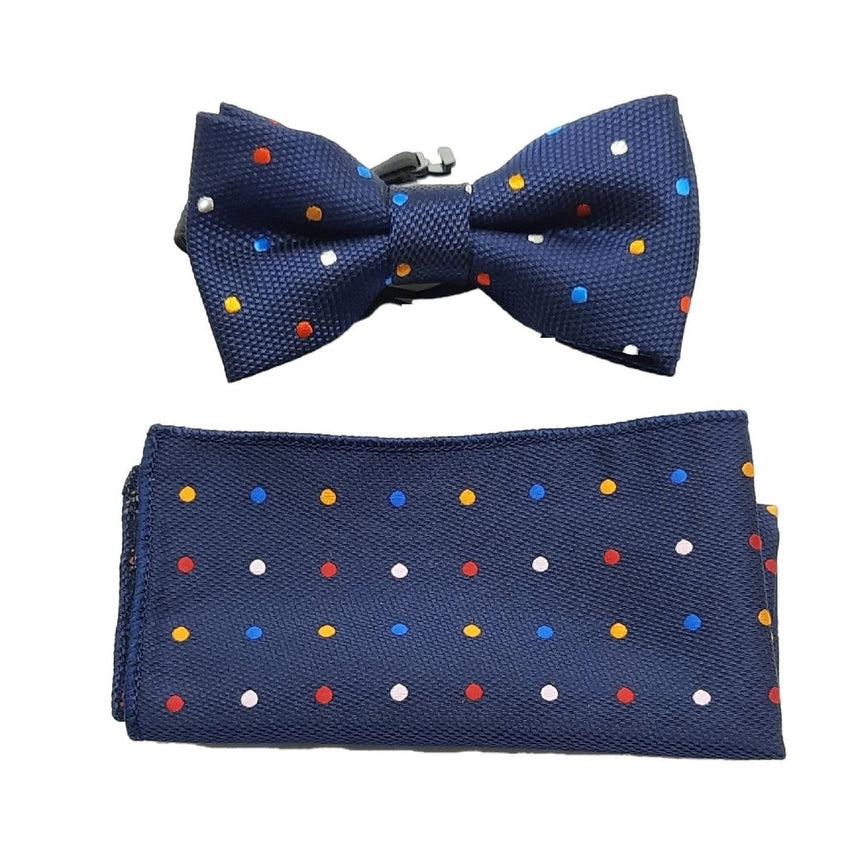 Blue With Coloured Polka Dots Boys Dicky Bow And Hanky Set