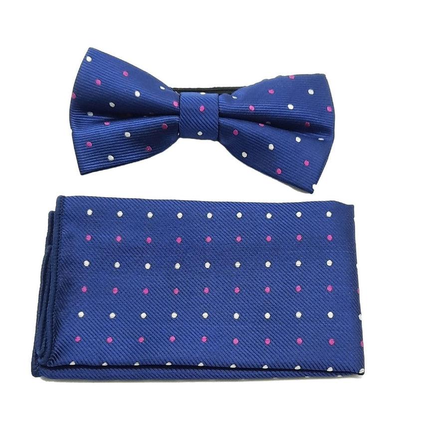 Blue With Pink And White Polka Dots Boys Dicky Bow And Hanky Set