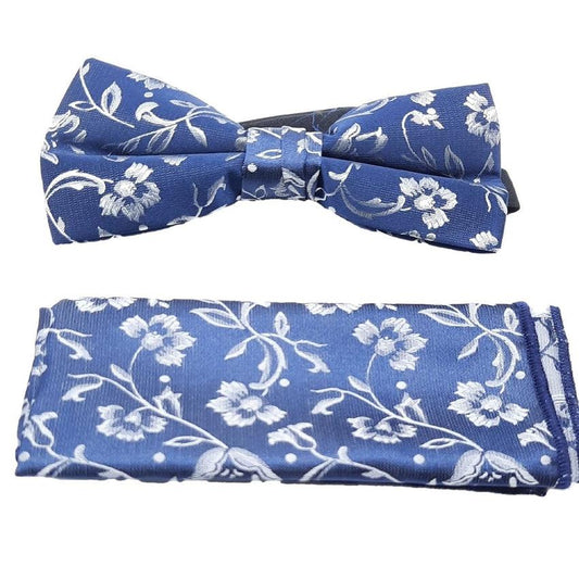Blue With Silver Matching Bow Tie And Handkerchief Set