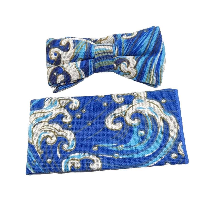 Blue With White Wave Pattern Boys Dicky Bow And Hanky Set