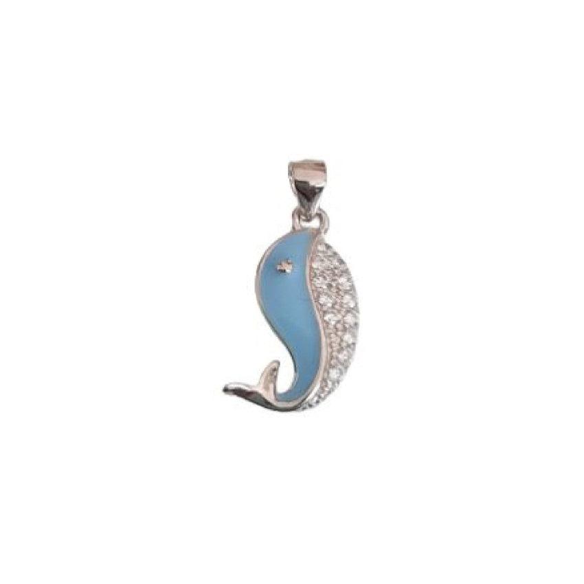 Blue Enamel Sterling Silver Whale Pendant With Cubic Zirconia