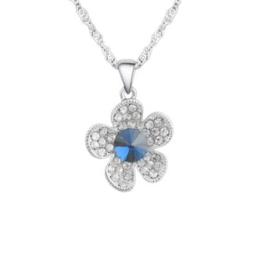 Blue Stone Centre Flower Pendant With Cubic Zirconia Leaves