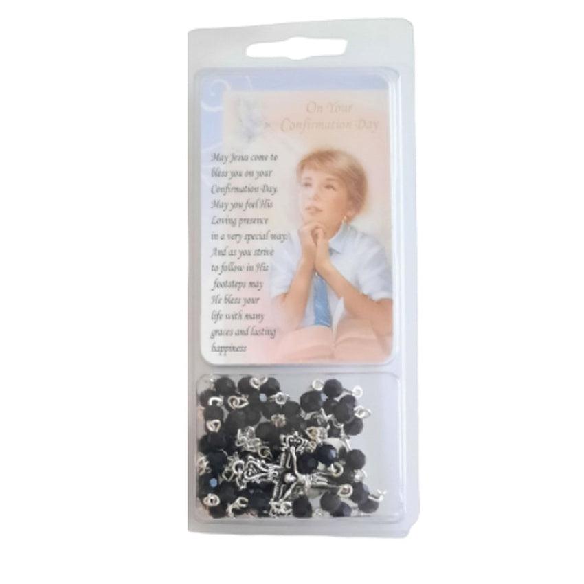 Boys Black Gift Packed Confirmation Rosary Beads With a Prayer Card