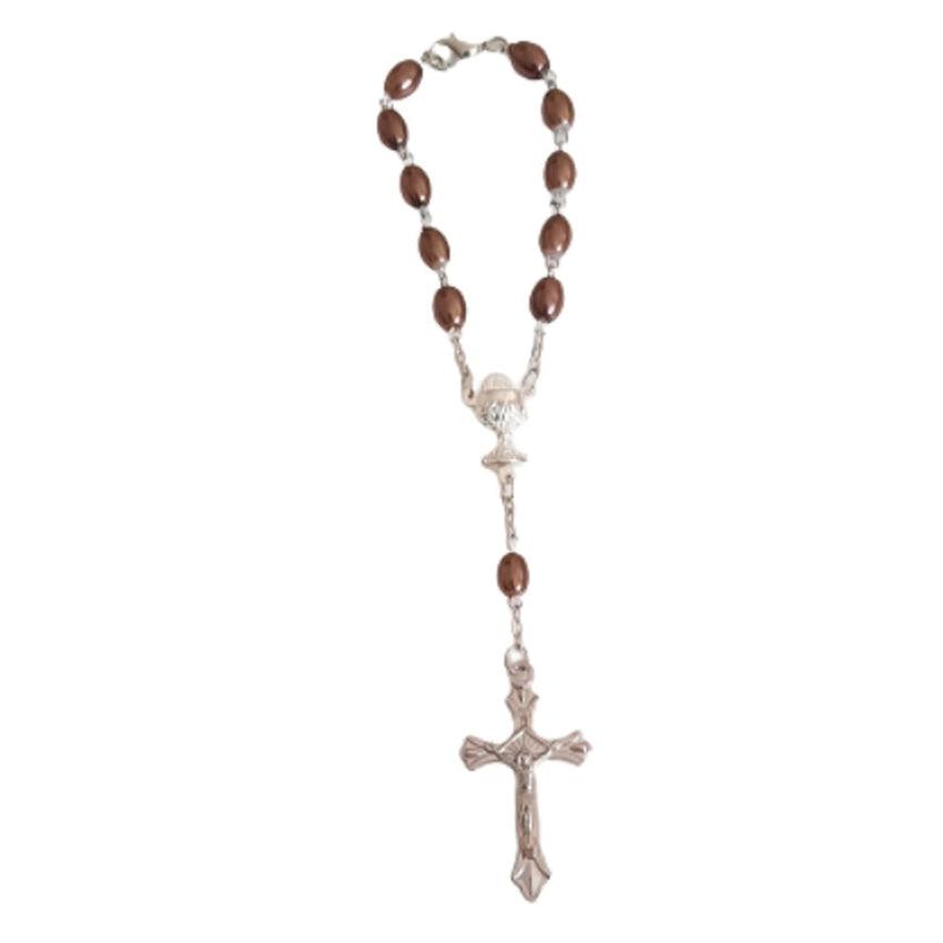 Brown 8mm Glass Pearl Rosary Bead Bracelet With a Crucifix and Chalice