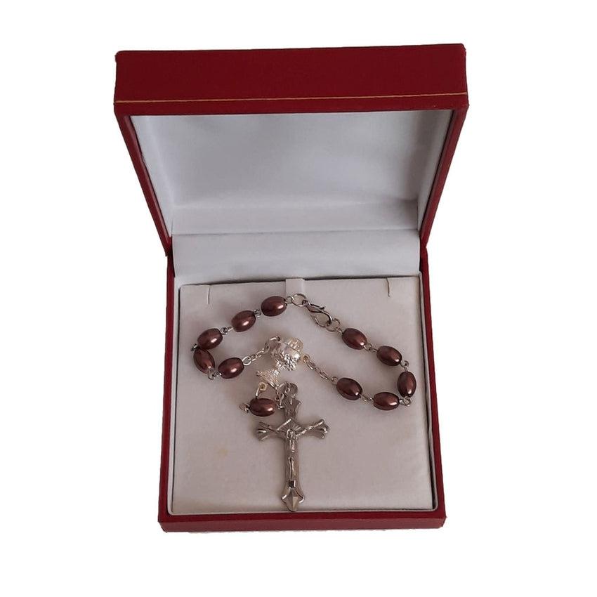 Brown 8mm Glass Pearl Rosary Bead Bracelet With a Crucifix and Chalice