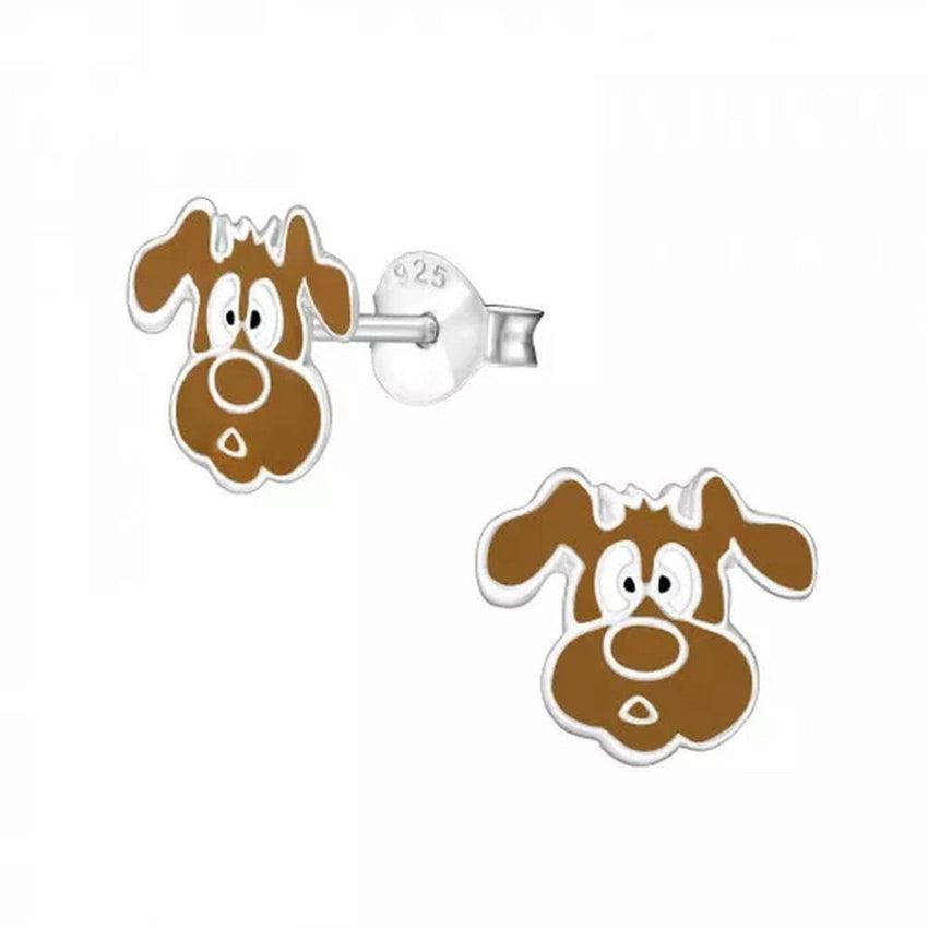 Brown And White Silver Dog Stud Earrings