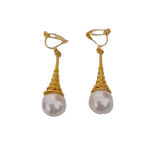 Bullet Drop Pearl Gold Clip On Earrings