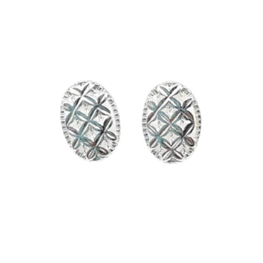 Button Design Sterling Silver Earrings With An Engraved Criss Cross Pattern
