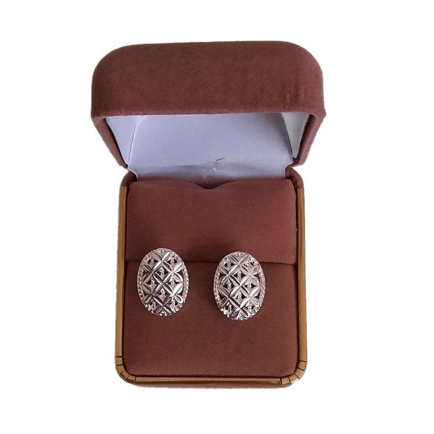 Button Design Sterling Silver Earrings With An Engraved Criss Cross Pattern