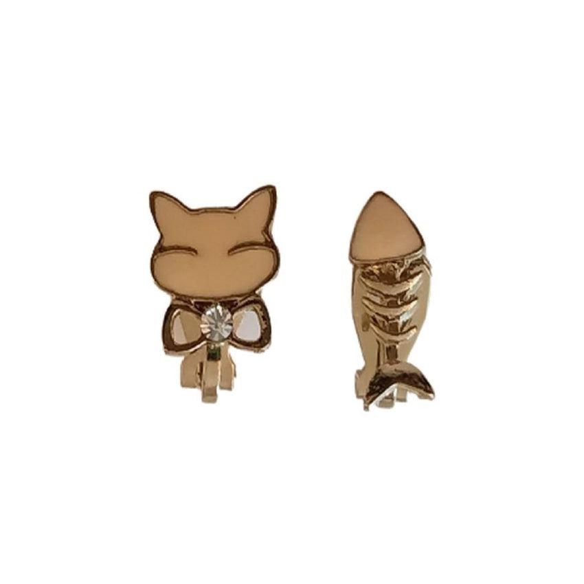 Cat And Fishbone Clip On Earrings