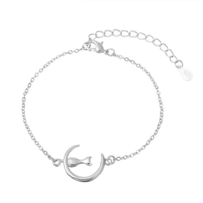 Cat In A Half Moon Silver Bracelet