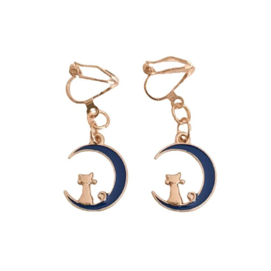 Cat In The Moon Clip On Earrings