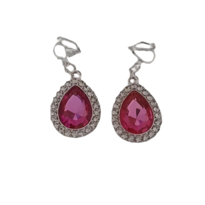 Cerise Pink Diamante Drop Clip On Earrings