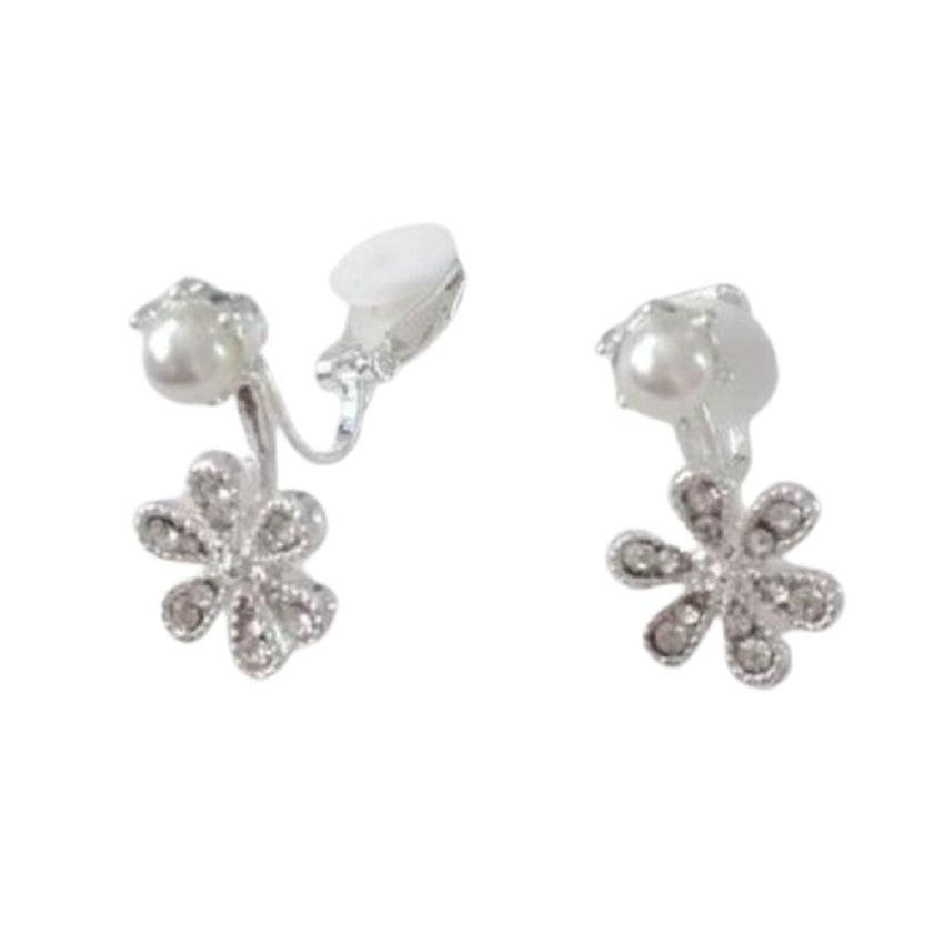 Clip On 4mm Pearl Top With A Flower Drop Earrings