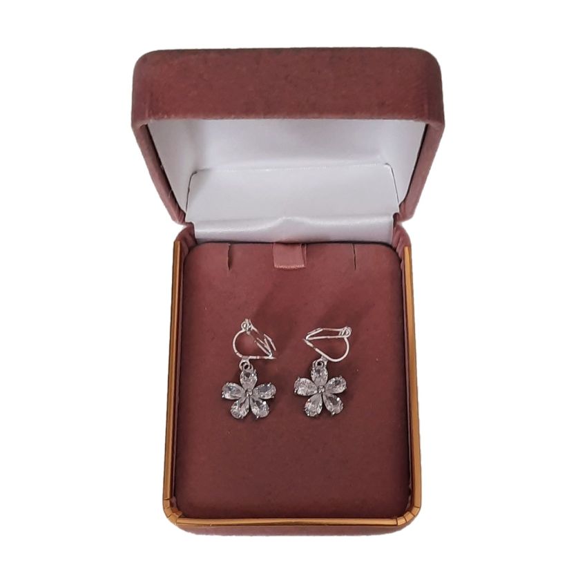 Clip On Earrings With CZ Flower(2)