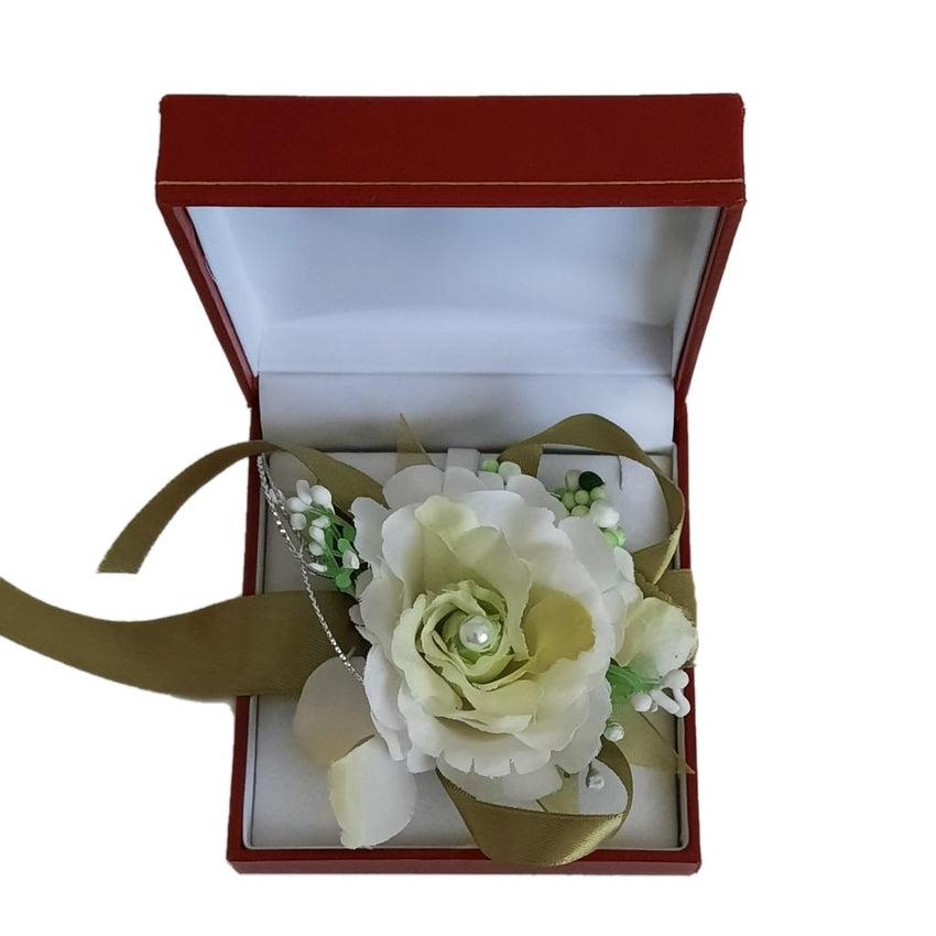 Cream And Green Flower Pearl Centre Wrist Corsage