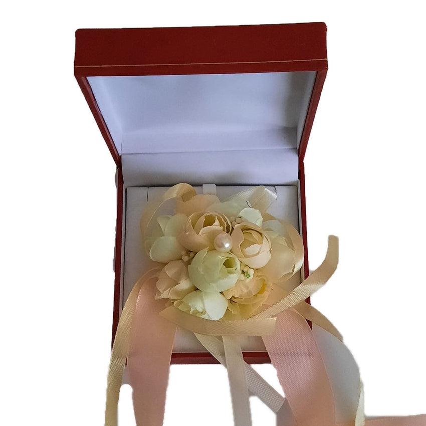 Cream Flower Bud Wrist Corsage With Pearl And Ribbon