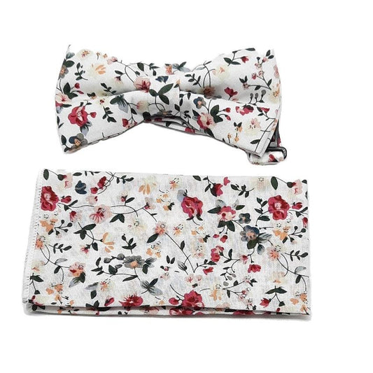 Cream Leaf Floral Boys Dicky Bow And Hanky Set