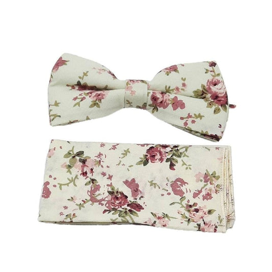 Cream Red And Rose Pattern Bow Tie Set