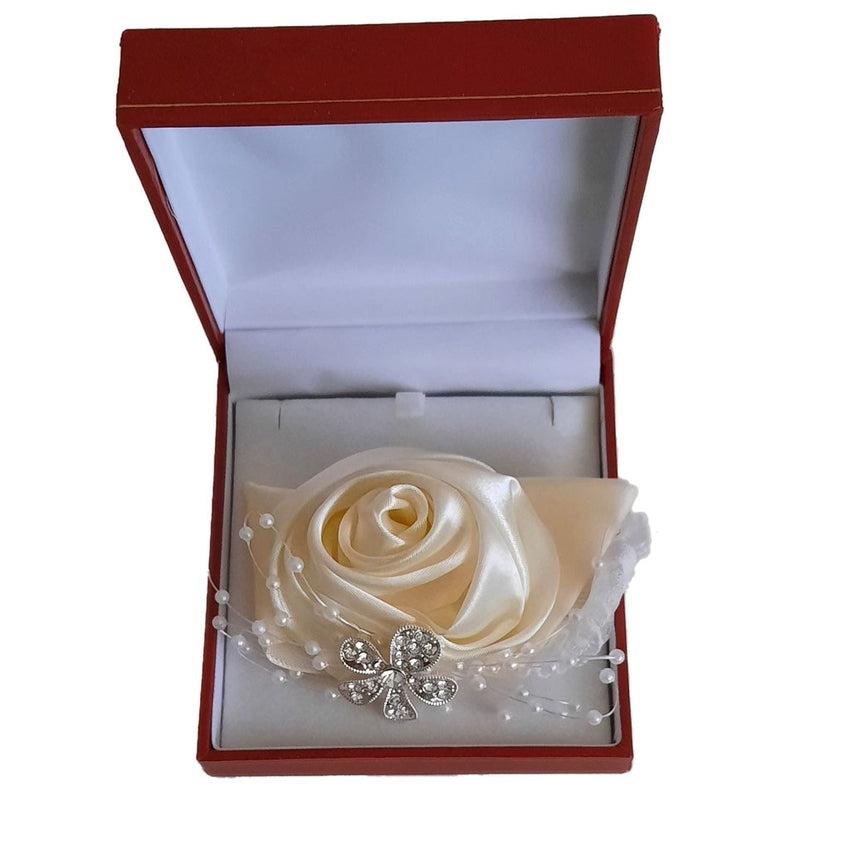 Cream Silk Rose With Ribbon And Lace Decoration Wrist Corsage