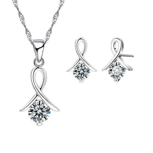Crossover Solitaire Matching Silver Earrings And Necklace Set