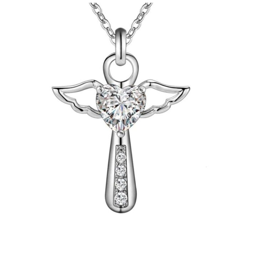 Crystal Angel Wing Silver Pendant With a Heart Shaped Cubic Zirconia