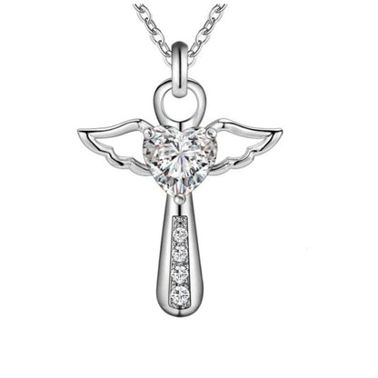 Crystal Angel Wing Silver Pendant With a Heart Shaped Cubic Zirconia
