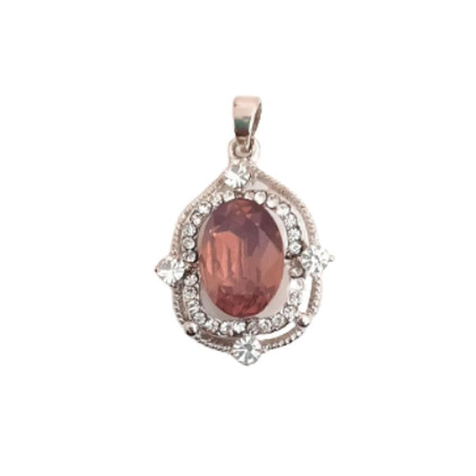 Crystal Decorated Edge Pink Stone Rhodium Plated Pendant