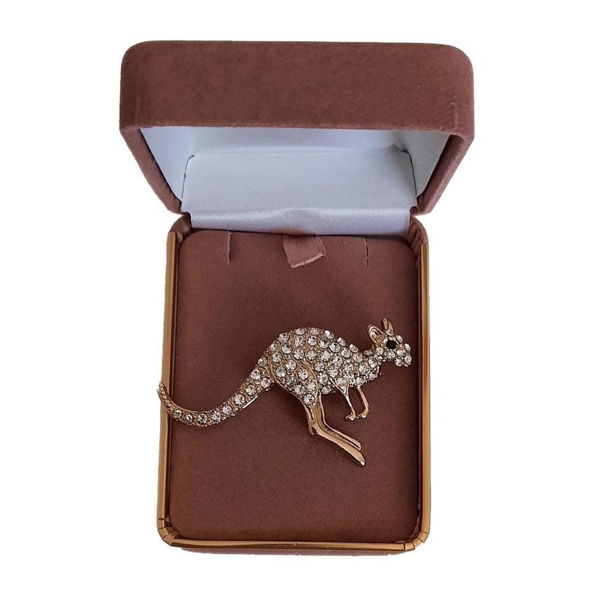Crystal Gold Tone Kangaroo Brooch