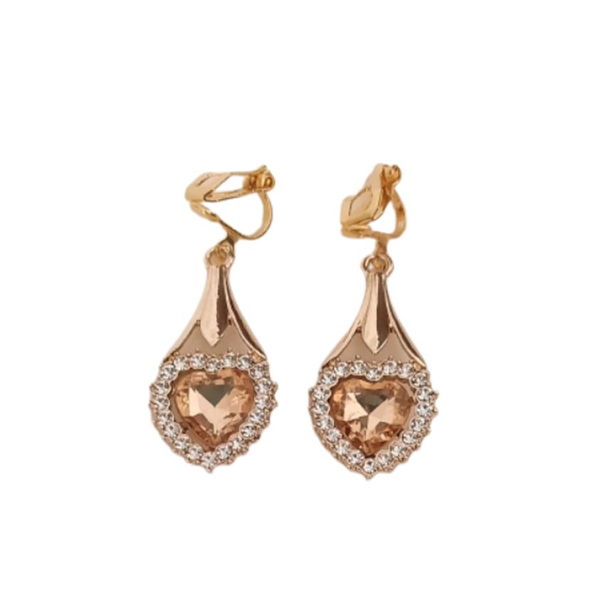 Crystal Heart Gold Clip On Earrings