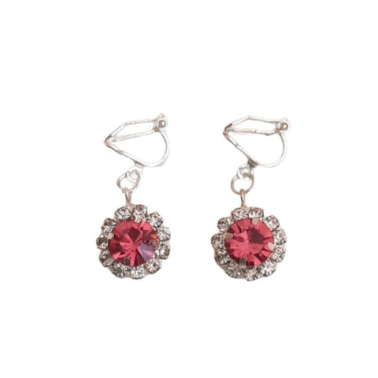 Crystal Pink Flower Drop Clip On Earrings