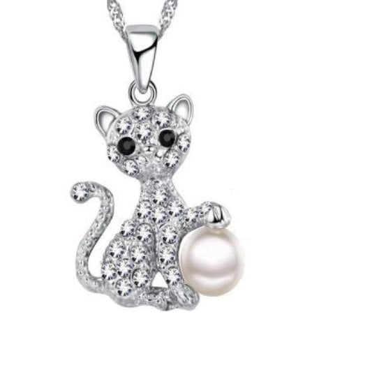 Crystal Playful Cat Pendant With a Pearl Ball