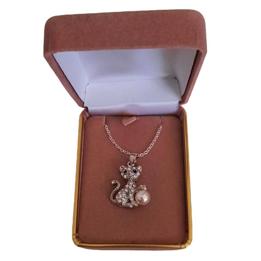 Crystal Playful Cat Pendant With a Pearl Ball