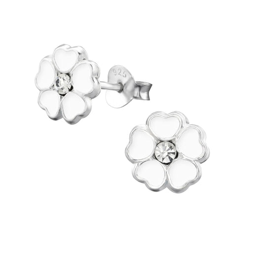 Crystal Stone Silver White Flower Earrings