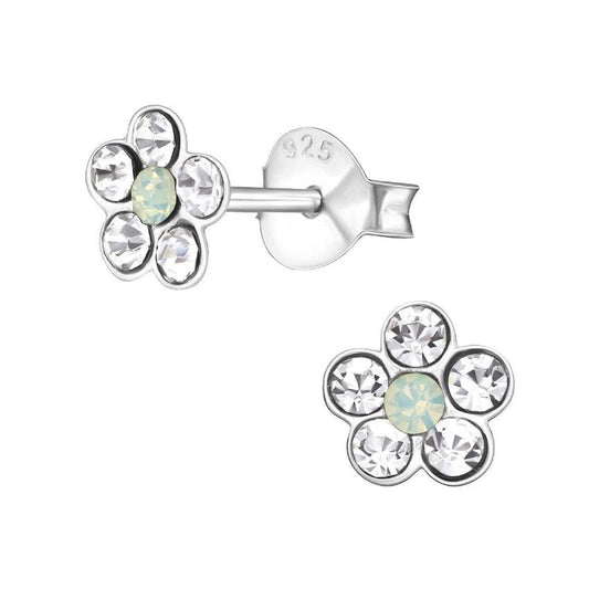 Crystal Stone Small Silver Flower Earrings