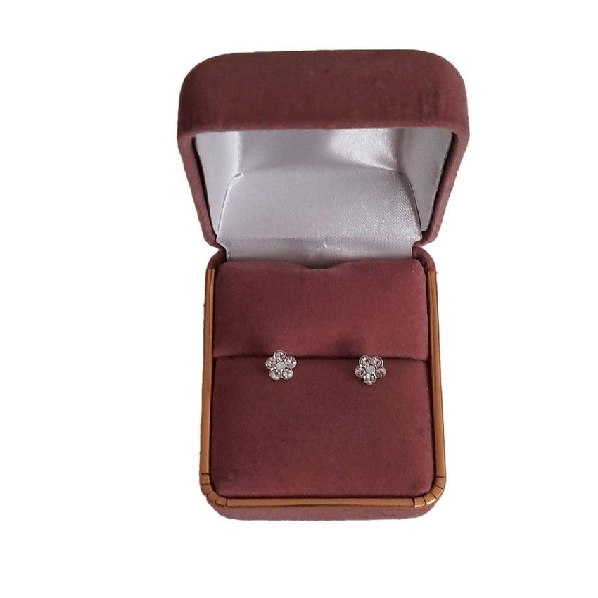 Crystal Stone Small Silver Flower Earrings