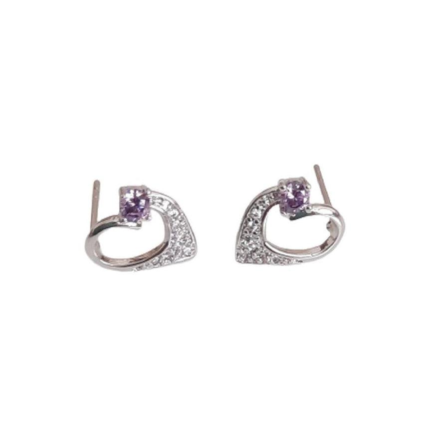 Cubic Zirconia Heart Amethyst Stone Silver Earrings