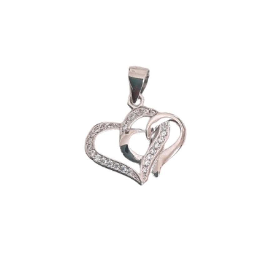 Cubic Zirconia Set Double Heart Entwined Sterling Silver Pendant