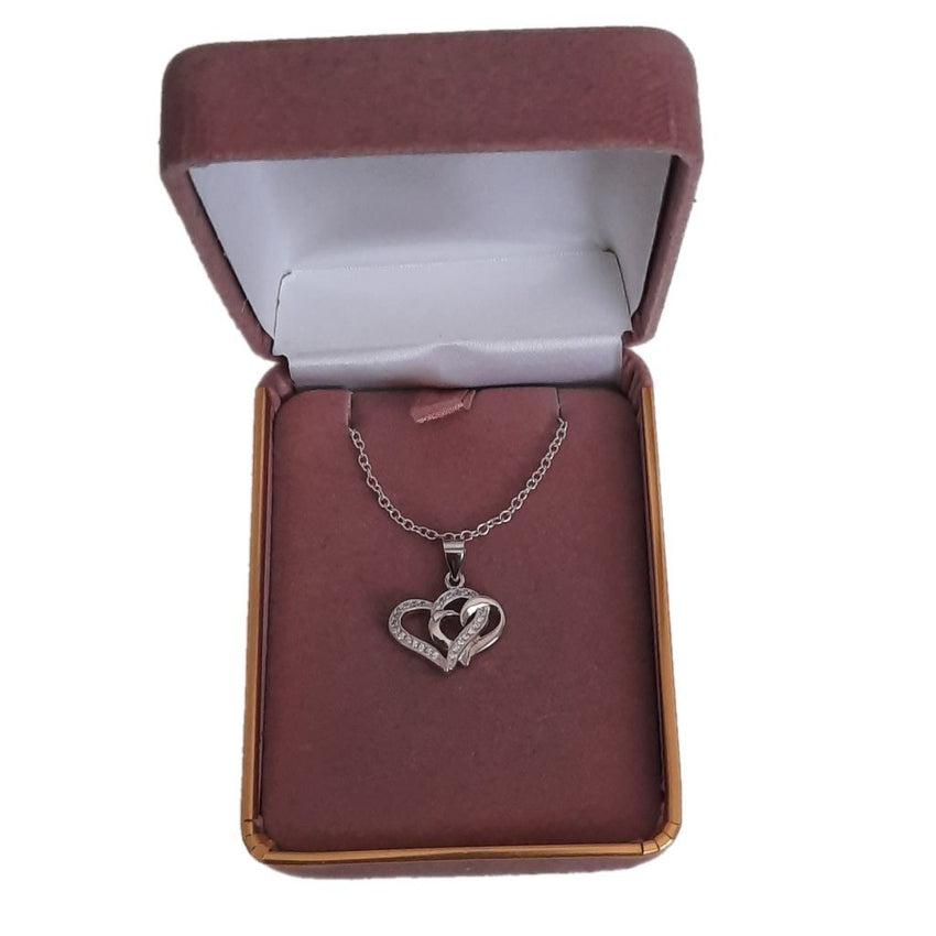 Cubic Zirconia Set Double Heart Entwined Sterling Silver Pendant